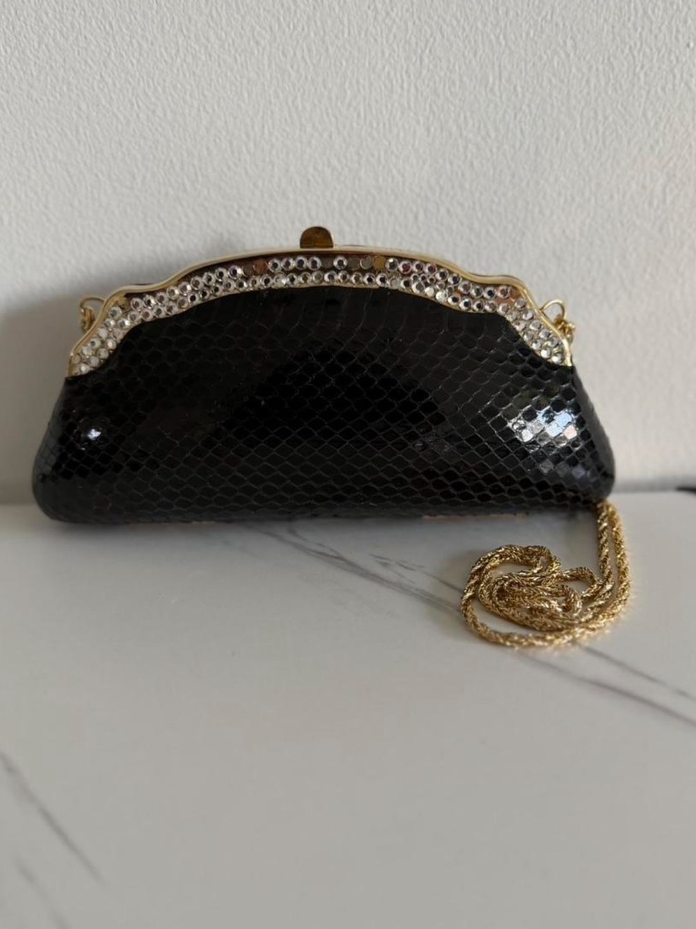 Black Leather Evening Clutch with Gold Chain